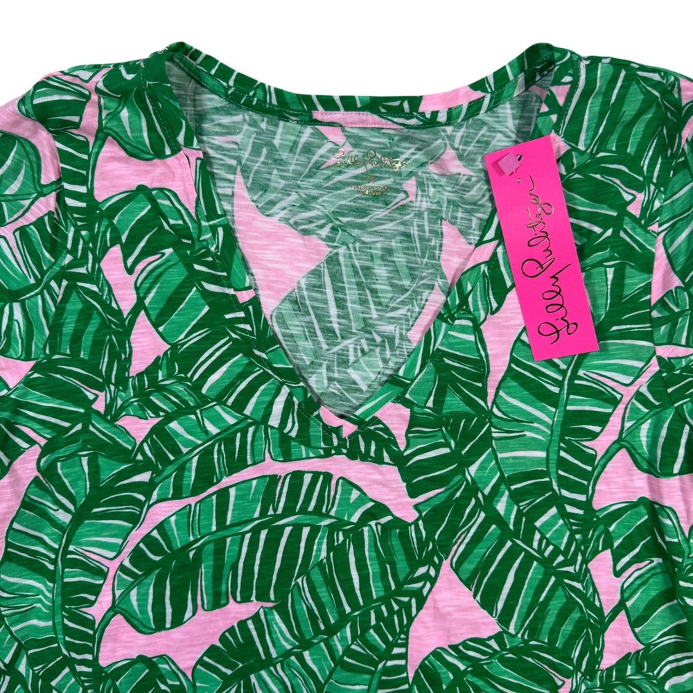 Lilly Pulitzer Etta V-Neck Top Womens Medium Pink Green Lets Go Bananas Palm Tee